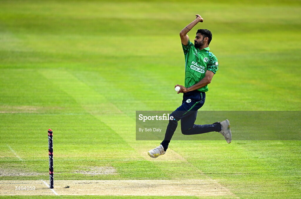 26 June 2026; Ireland bowler Jai Moondra during match one of the Spinny Cup Men's T20 International series between Ireland and India at Stormont in Belfast. Photo by Seb Daly/Sportsfile