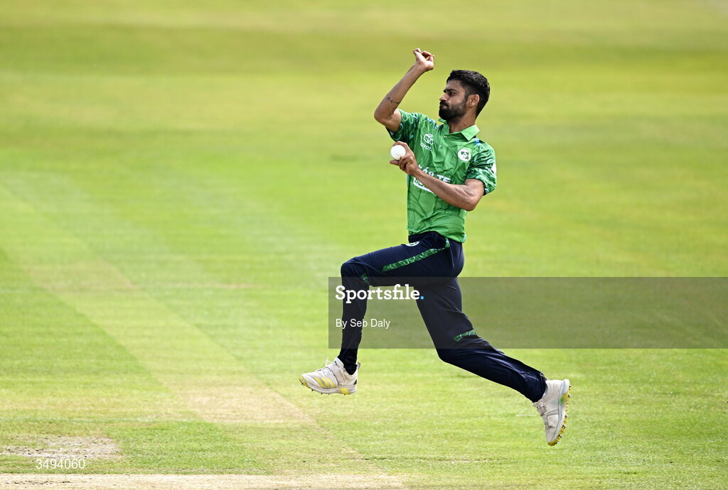 26 June 2026; Ireland bowler Jai Moondra during match one of the Spinny Cup Men's T20 International series between Ireland and India at Stormont in Belfast. Photo by Seb Daly/Sportsfile