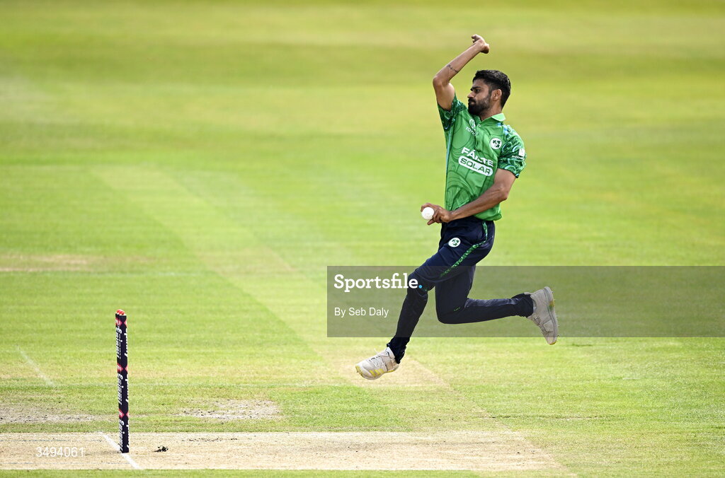 26 June 2026; Ireland bowler Jai Moondra during match one of the Spinny Cup Men's T20 International series between Ireland and India at Stormont in Belfast. Photo by Seb Daly/Sportsfile