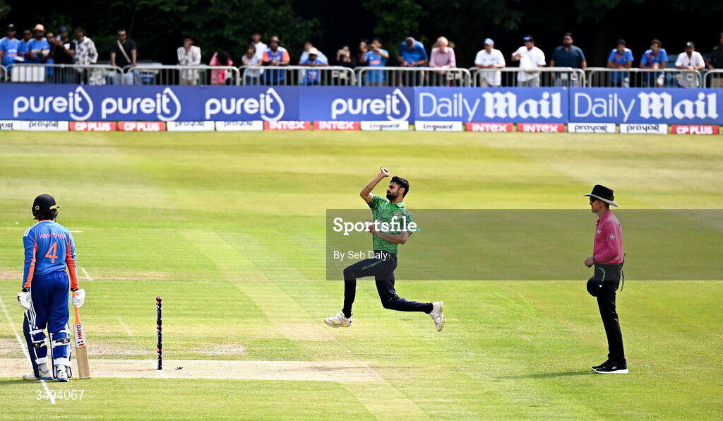 26 June 2026; Ireland bowler Jai Moondra during match one of the Spinny Cup Men's T20 International series between Ireland and India at Stormont in Belfast. Photo by Seb Daly/Sportsfile
