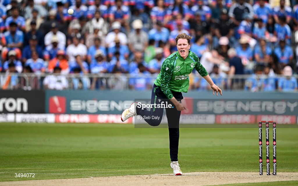 26 June 2026; Ireland bowler Harry Tector during match one of the Spinny Cup Men's T20 International series between Ireland and India at Stormont in Belfast. Photo by Seb Daly/Sportsfile