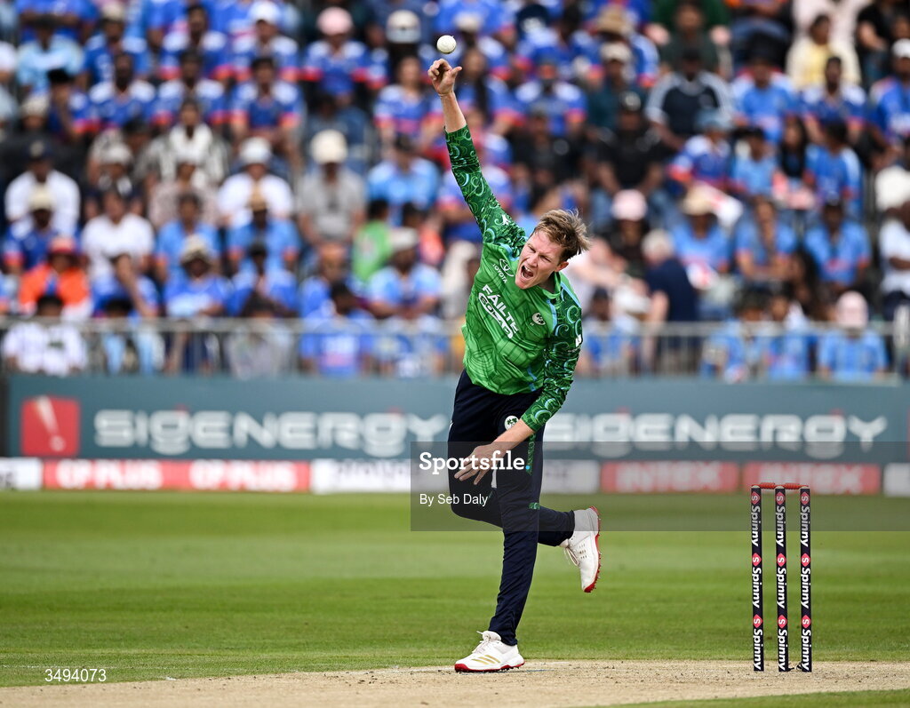 26 June 2026; Ireland bowler Harry Tector during match one of the Spinny Cup Men's T20 International series between Ireland and India at Stormont in Belfast. Photo by Seb Daly/Sportsfile