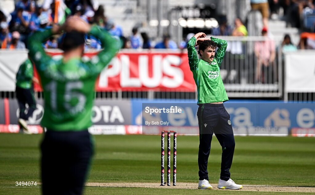 26 June 2026; Ireland bowler Matthew Humphreys reacts during match one of the Spinny Cup Men's T20 International series between Ireland and India at Stormont in Belfast. Photo by Seb Daly/Sportsfile