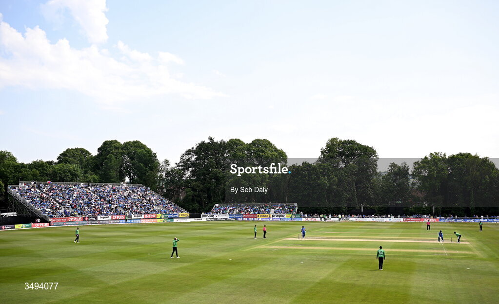 26 June 2026; A general view of action during match one of the Spinny Cup Men's T20 International series between Ireland and India at Stormont in Belfast. Photo by Seb Daly/Sportsfile