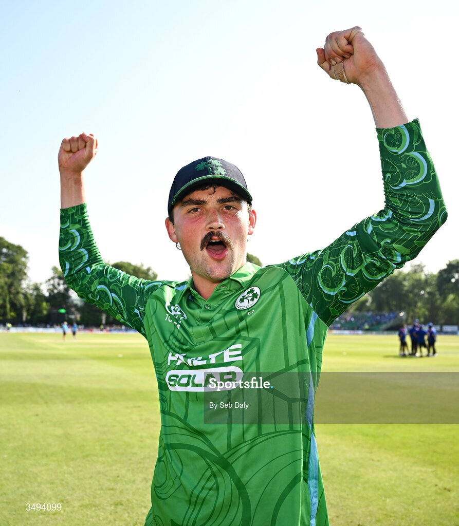 26 June 2026; Ireland's Matthew Humphreys celebrates after his side's victory during match one of the Spinny Cup Men's T20 International series between Ireland and India at Stormont in Belfast. Photo by Seb Daly/Sportsfile