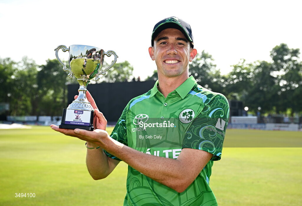 26 June 2026; Player of the match Ireland's Matthew Hollard after his side's victory during match one of the Spinny Cup Men's T20 International series between Ireland and India at Stormont in Belfast. Photo by Seb Daly/Sportsfile