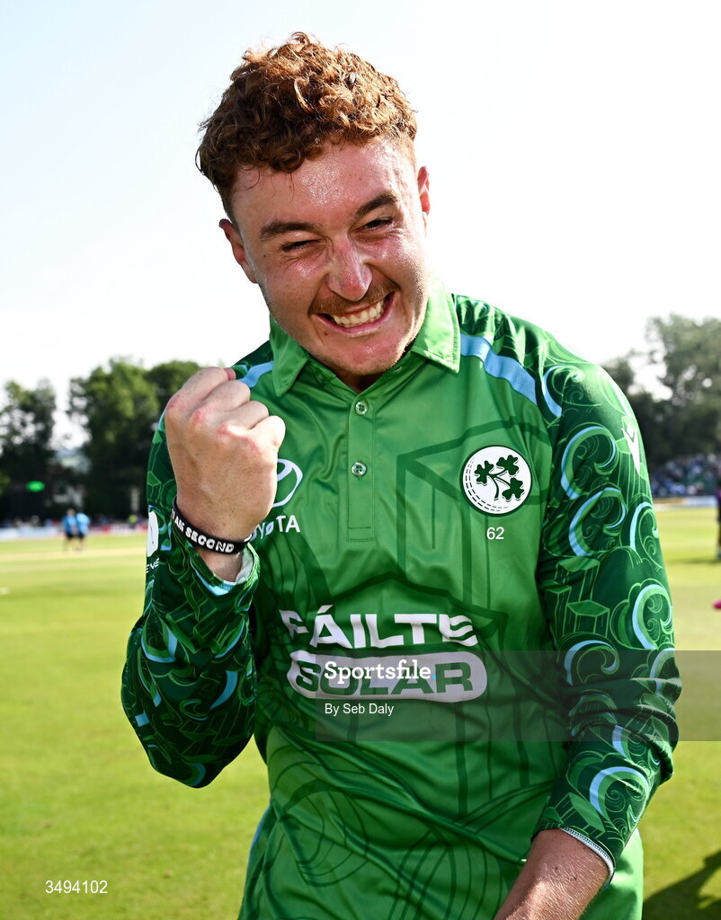 26 June 2026; Ireland's Ben Calitz celebrates after his side's victory during match one of the Spinny Cup Men's T20 International series between Ireland and India at Stormont in Belfast. Photo by Seb Daly/Sportsfile