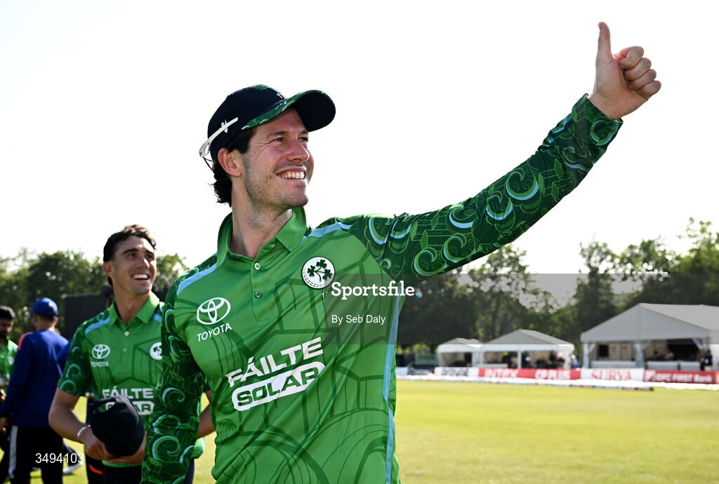26 June 2026; George Dockrell of Ireland celebrates after his side's victory during match one of the Spinny Cup Men's T20 International series between Ireland and India at Stormont in Belfast. Photo by Seb Daly/Sportsfile