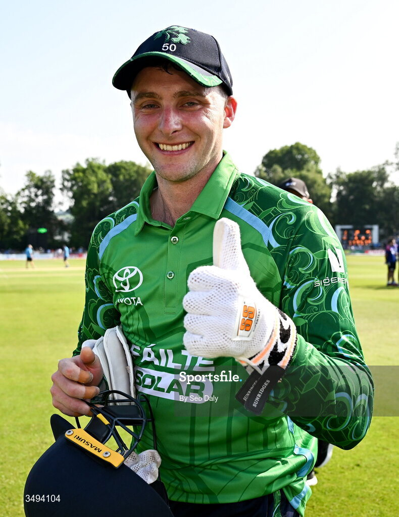 26 June 2026; Ireland captain Lorcan Tucker celebrates after his side's victory during match one of the Spinny Cup Men's T20 International series between Ireland and India at Stormont in Belfast. Photo by Seb Daly/Sportsfile