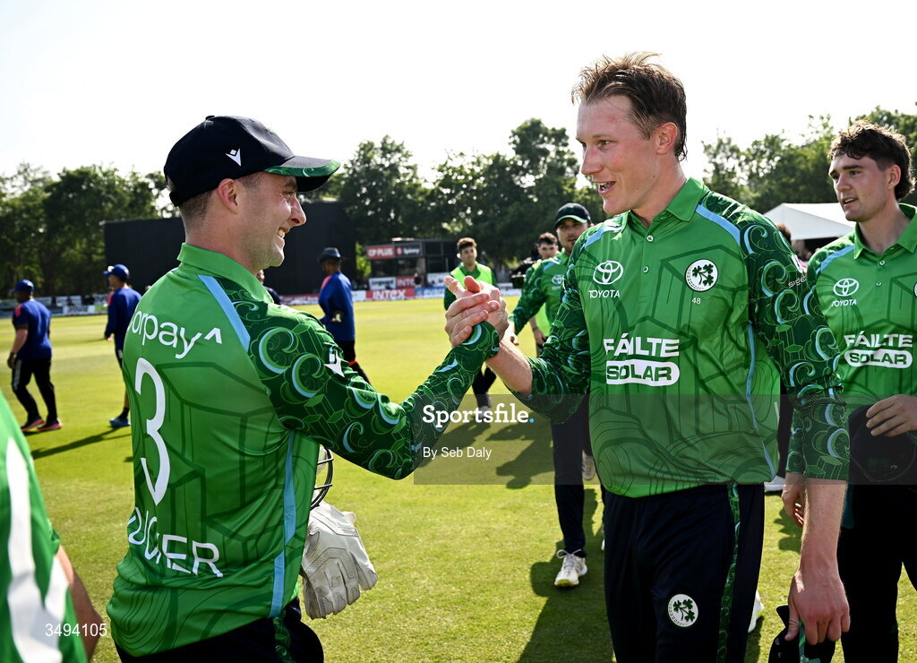 26 June 2026; Ireland captain Lorcan Tucker, left, and teammate Harry Tector after their side's victory during match one of the Spinny Cup Men's T20 International series between Ireland and India at Stormont in Belfast. Photo by Seb Daly/Sportsfile