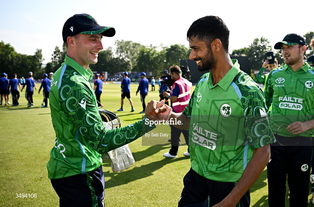 26 June 2026; Ireland captain Lorcan Tucker, left, and teammate Jai Moondra after their side's victory during match one of the Spinny Cup Men's T20 International series between Ireland and India at Stormont in Belfast. Photo by Seb Daly/Sportsfile