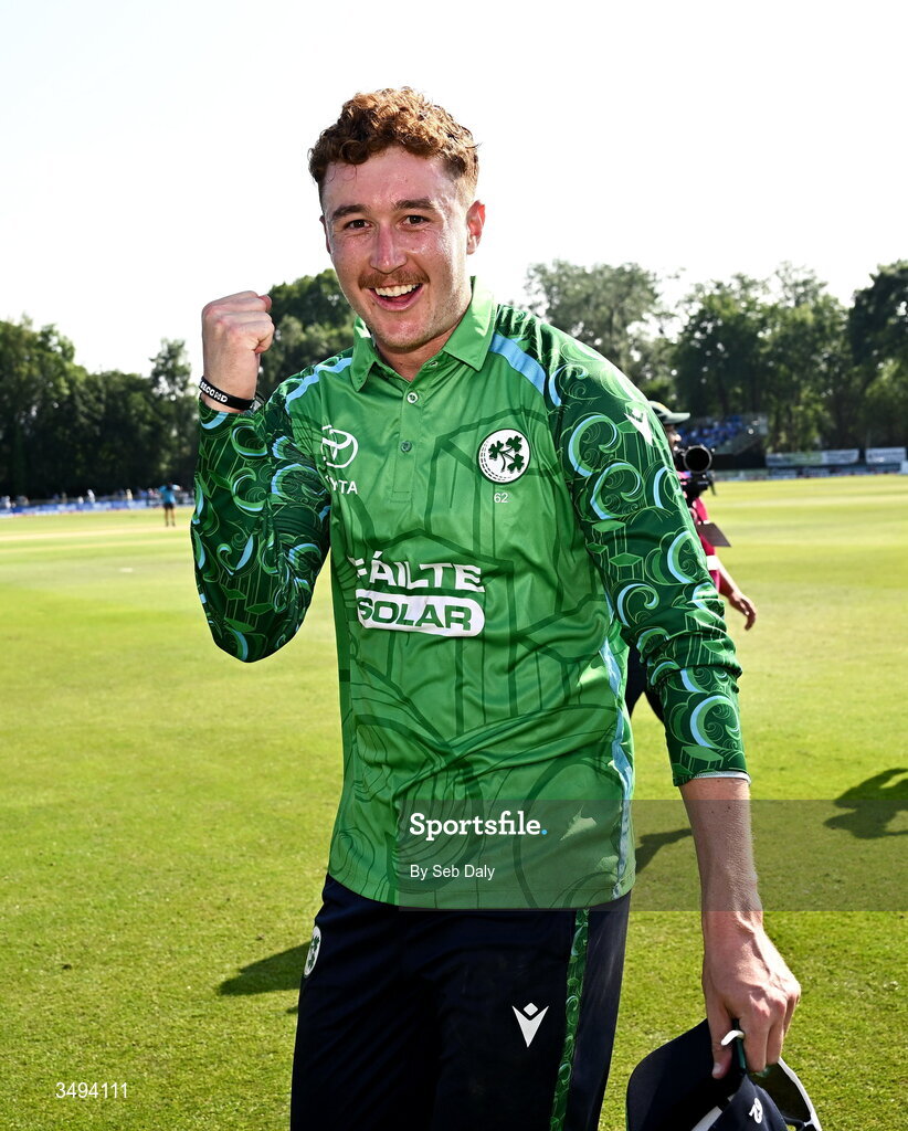 26 June 2026; Ireland's Ben Calitz celebrates after his side's victory during match one of the Spinny Cup Men's T20 International series between Ireland and India at Stormont in Belfast. Photo by Seb Daly/Sportsfile