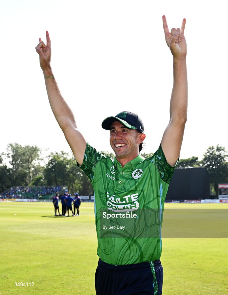 26 June 2026; Ireland's Matthew Hollard celebrates after his side's victory during match one of the Spinny Cup Men's T20 International series between Ireland and India at Stormont in Belfast. Photo by Seb Daly/Sportsfile