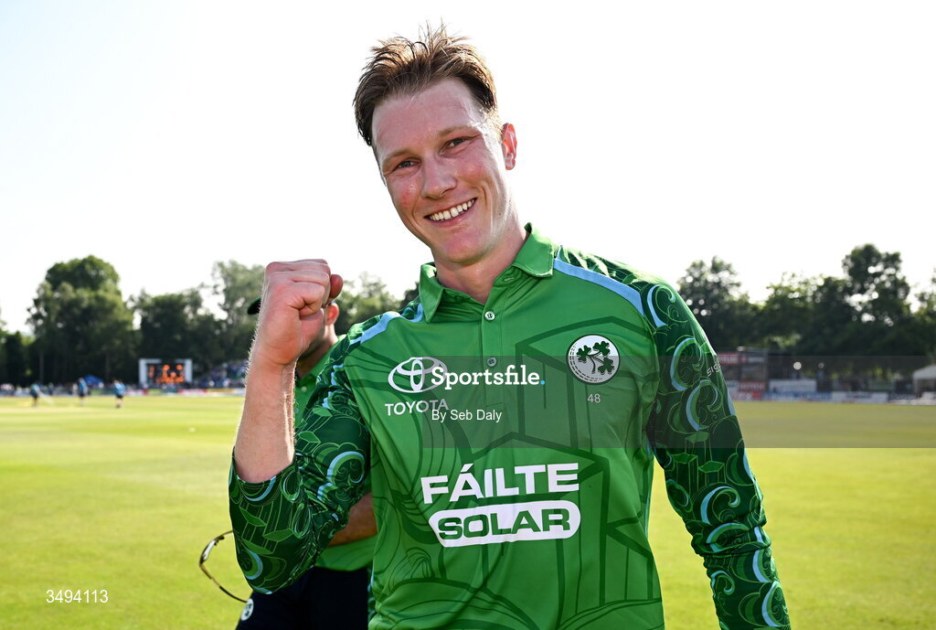 26 June 2026; Ireland's Harry Tector celebrates after his side's victory during match one of the Spinny Cup Men's T20 International series between Ireland and India at Stormont in Belfast. Photo by Seb Daly/Sportsfile