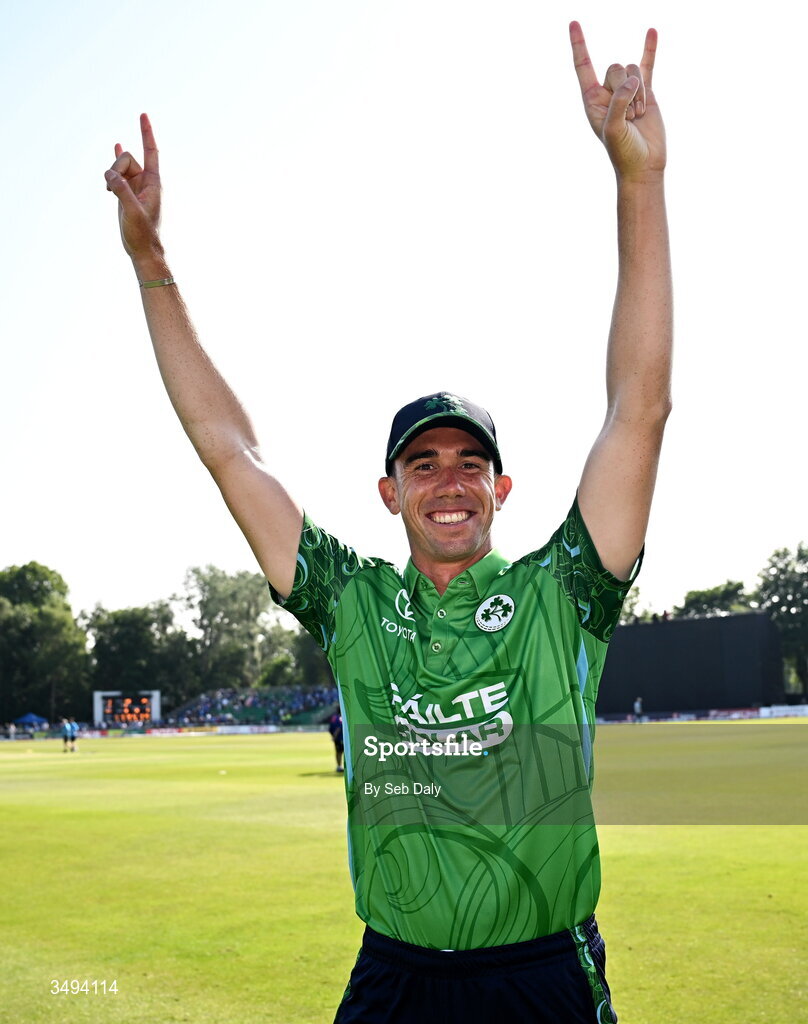 26 June 2026; Ireland's Matthew Hollard celebrates after his side's victory during match one of the Spinny Cup Men's T20 International series between Ireland and India at Stormont in Belfast. Photo by Seb Daly/Sportsfile