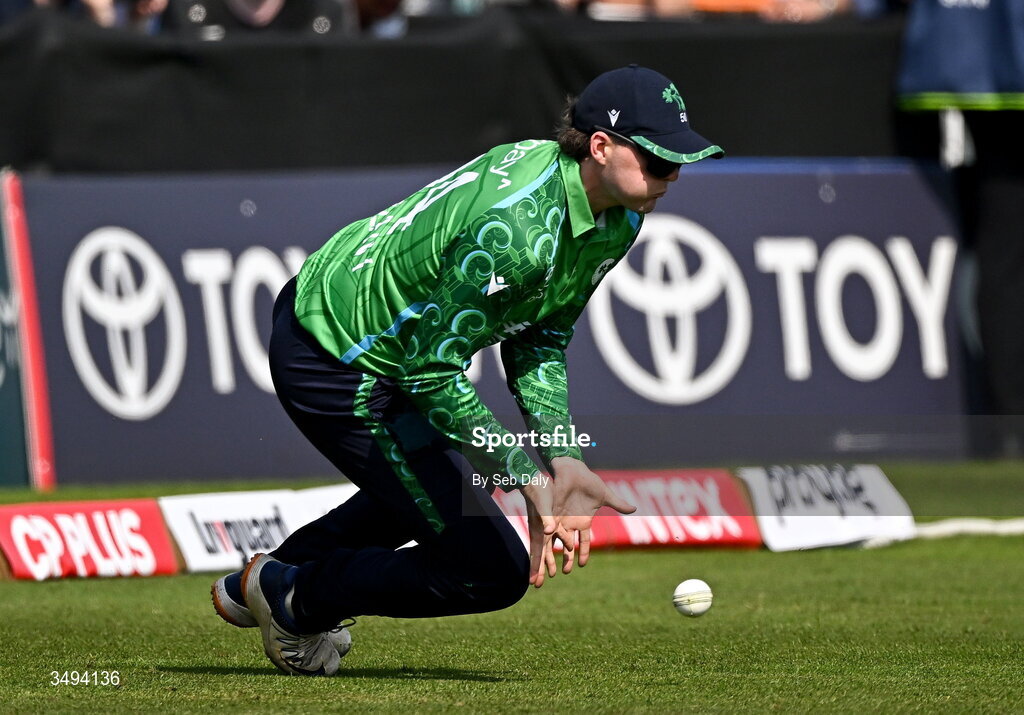 26 June 2026; Ireland fielder Gareth Delany fields the ball during match one of the Spinny Cup Men's T20 International series between Ireland and India at Stormont in Belfast. Photo by Seb Daly/Sportsfile