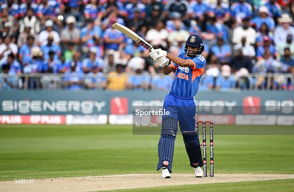 26 June 2026; India batter Washington Sundar during match one of the Spinny Cup Men's T20 International series between Ireland and India at Stormont in Belfast. Photo by Seb Daly/Sportsfile