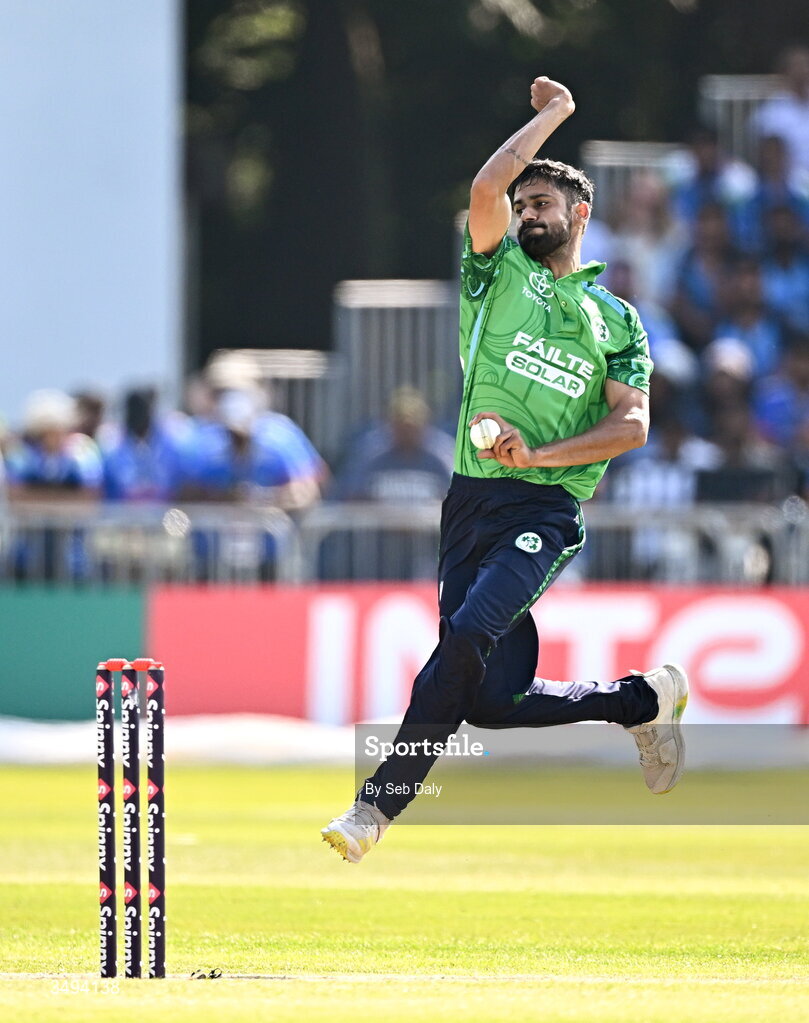 26 June 2026; Ireland bowler Jai Moondra during match one of the Spinny Cup Men's T20 International series between Ireland and India at Stormont in Belfast. Photo by Seb Daly/Sportsfile