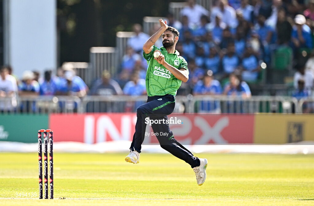 26 June 2026; Ireland bowler Jai Moondra during match one of the Spinny Cup Men's T20 International series between Ireland and India at Stormont in Belfast. Photo by Seb Daly/Sportsfile
