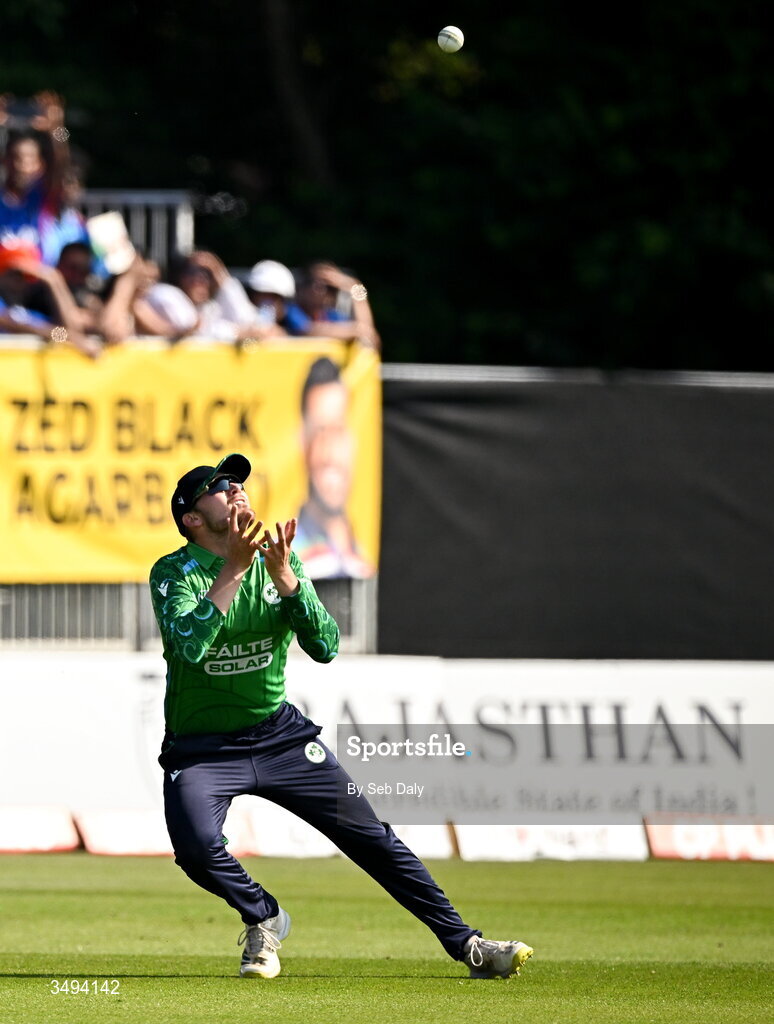 26 June 2026; Ireland fielder Tim Tector takes the wicket of India batter Arshdeep Singh during match one of the Spinny Cup Men's T20 International series between Ireland and India at Stormont in Belfast. Photo by Seb Daly/Sportsfile