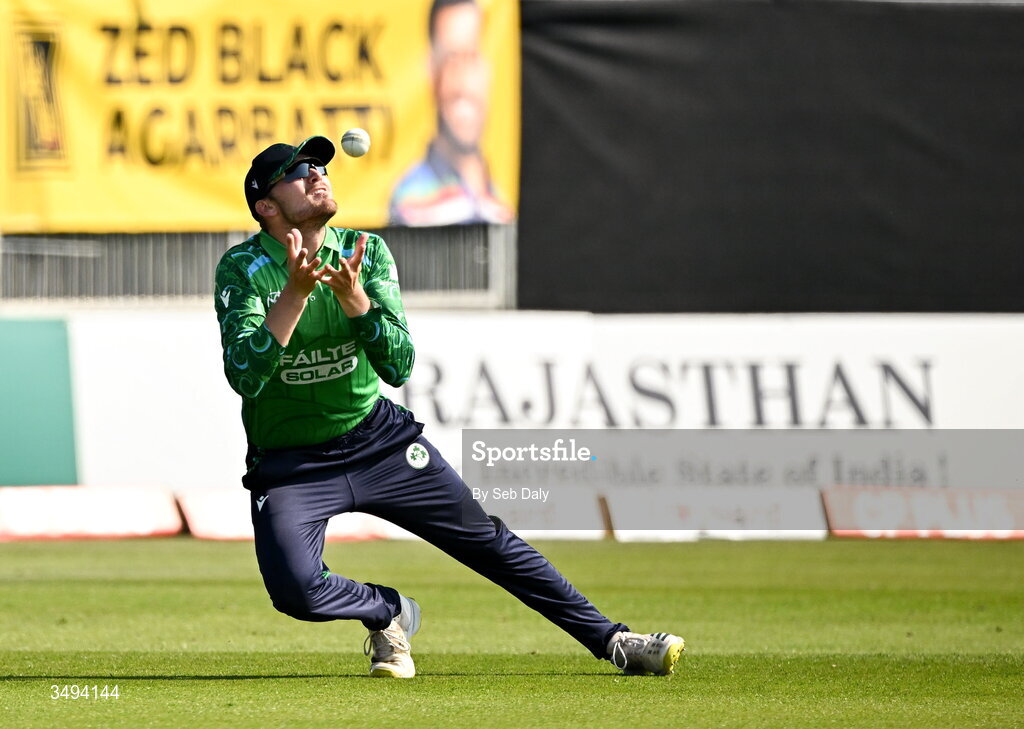 26 June 2026; Ireland fielder Tim Tector takes the wicket of India batter Arshdeep Singh during match one of the Spinny Cup Men's T20 International series between Ireland and India at Stormont in Belfast. Photo by Seb Daly/Sportsfile