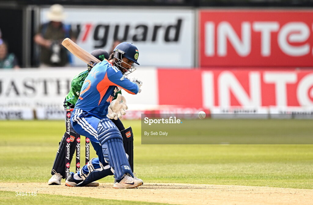 26 June 2026; India batter Tilak Varma during match one of the Spinny Cup Men's T20 International series between Ireland and India at Stormont in Belfast. Photo by Seb Daly/Sportsfile