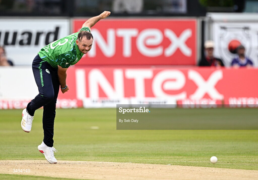 26 June 2026; Ireland bowler Liam McCarthy during match one of the Spinny Cup Men's T20 International series between Ireland and India at Stormont in Belfast. Photo by Seb Daly/Sportsfile