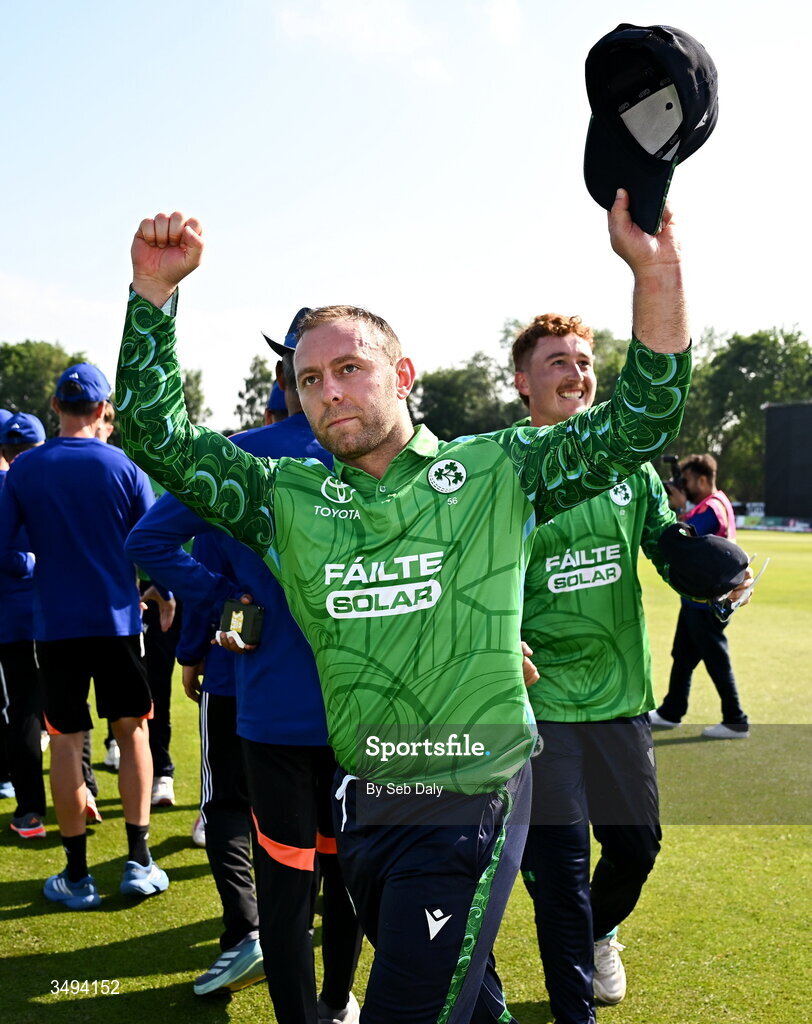 26 June 2026; Ireland's Ross Adair celebrates after his side's victory during match one of the Spinny Cup Men's T20 International series between Ireland and India at Stormont in Belfast. Photo by Seb Daly/Sportsfile
