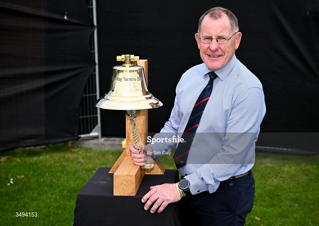 26 June 2026; Northern Cricket Union vice chair Alan Waite rings the Roy Torrens Bell before match one of the Spinny Cup Men's T20 International series between Ireland and India at Stormont in Belfast. Photo by Seb Daly/Sportsfile