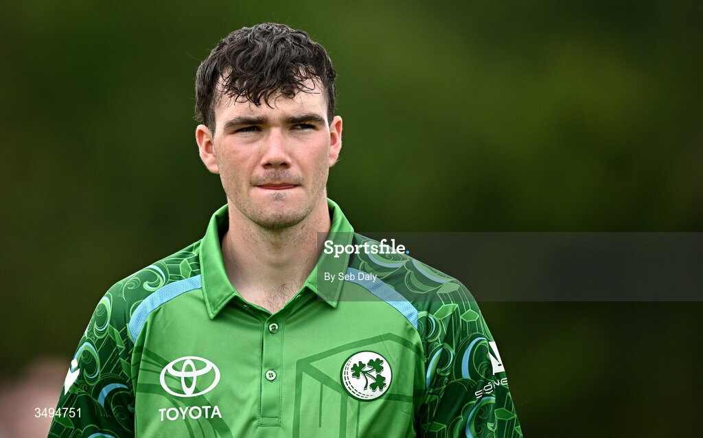 26 June 2026; Ireland's Reuben Wilson before match one of the Spinny Cup Men's T20 International series between Ireland and India at Stormont in Belfast. Photo by Seb Daly/Sportsfile