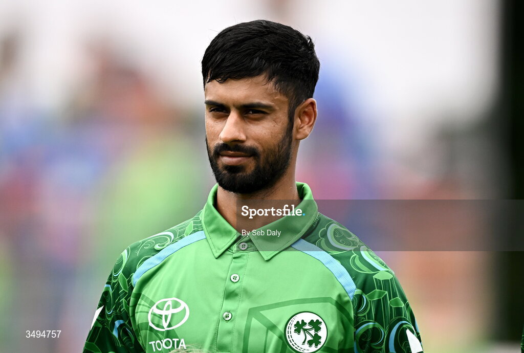 26 June 2026; Ireland's Jai Moondra before match one of the Spinny Cup Men's T20 International series between Ireland and India at Stormont in Belfast. Photo by Seb Daly/Sportsfile