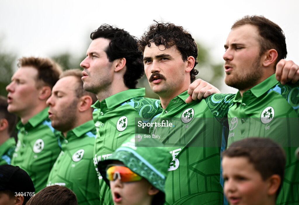 26 June 2026; Ireland's Matthew Humphreys, second from right, and teammates before match one of the Spinny Cup Men's T20 International series between Ireland and India at Stormont in Belfast. Photo by Seb Daly/Sportsfile