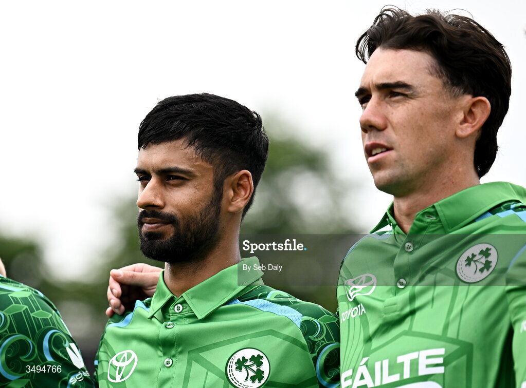 26 June 2026; Ireland players Jai Moondra, left, and Matthew Hollard before match one of the Spinny Cup Men's T20 International series between Ireland and India at Stormont in Belfast. Photo by Seb Daly/Sportsfile