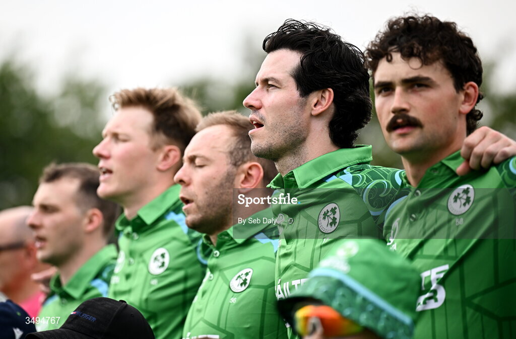 26 June 2026; Ireland's George Dockrell, second from right, and teammates before match one of the Spinny Cup Men's T20 International series between Ireland and India at Stormont in Belfast. Photo by Seb Daly/Sportsfile