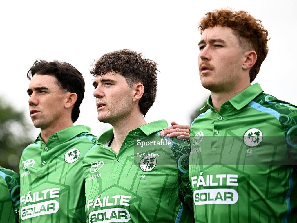 26 June 2026; Ireland players, from left, Matthew Hollard, Gareth Delany, and Ben Calitz before match one of the Spinny Cup Men's T20 International series between Ireland and India at Stormont in Belfast. Photo by Seb Daly/Sportsfile