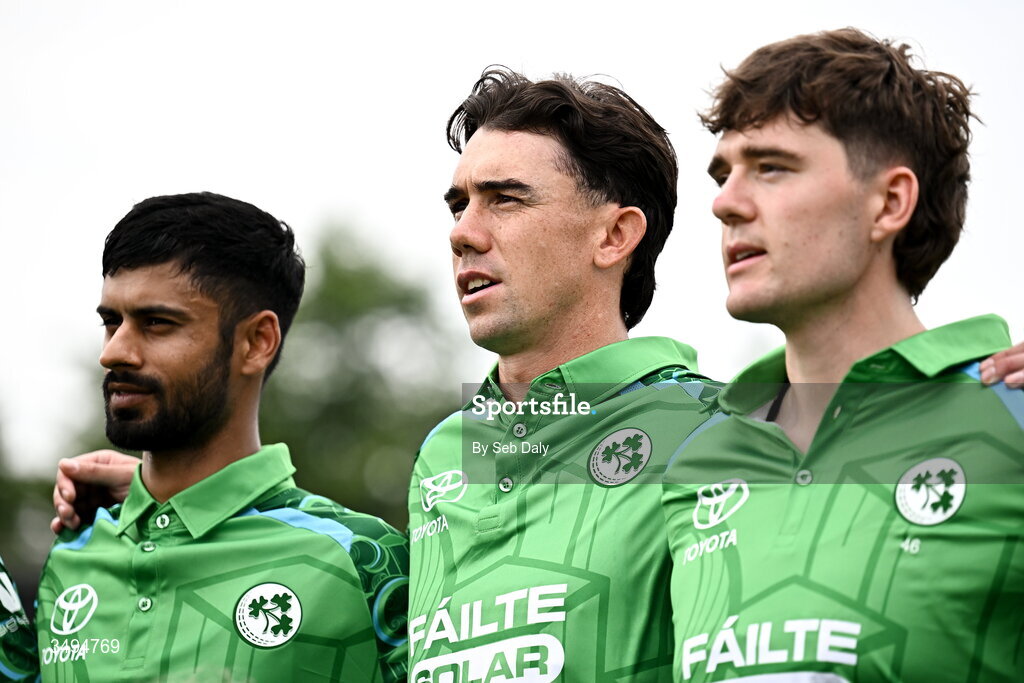 26 June 2026; Ireland players, from left, Jai Moondra, Matthew Hollard, and Gareth Delany, before match one of the Spinny Cup Men's T20 International series between Ireland and India at Stormont in Belfast. Photo by Seb Daly/Sportsfile