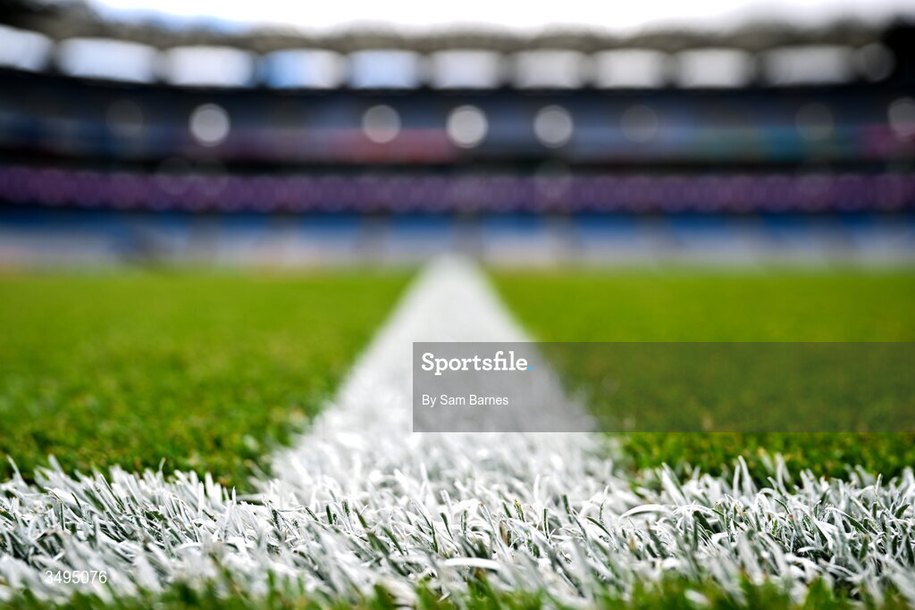 27 June 2026; A detailed view of the pitch markings before the GAA Football All-Ireland Senior Championship quarter-final match between Cork and Mayo at Croke Park in Dublin. Photo by Sam Barnes/Sportsfile