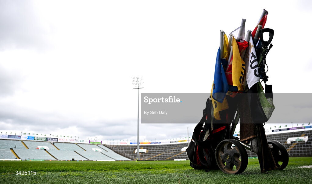 27 June 2026; A golf trolley with sideline flags in sits pitchside before the Electric Ireland All-Ireland Minor Hurling Championship final match between Limerick and Tipperary at TUS Gaelic Grounds in Limerick. Photo by Seb Daly/Sportsfile