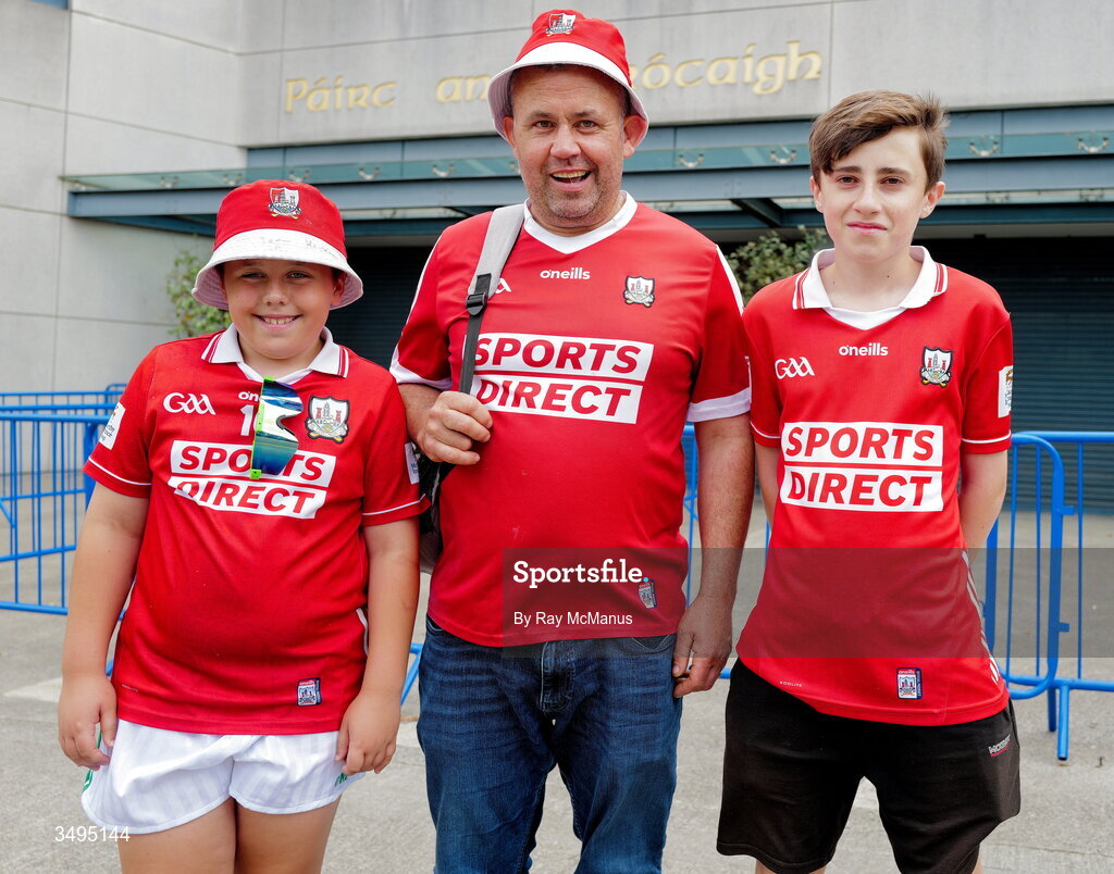27 June 2026; Cork supporters, Liam, ten years, and Bart Buckley, from Kilmurray, with Conal O'Mahoney, 15, from Cloughduv, outside Croke Park before the GAA Football All-Ireland Senior Championship quarter-final match between Cork and Mayo at Croke Park in Dublin. Photo by Ray McManus/Sportsfile