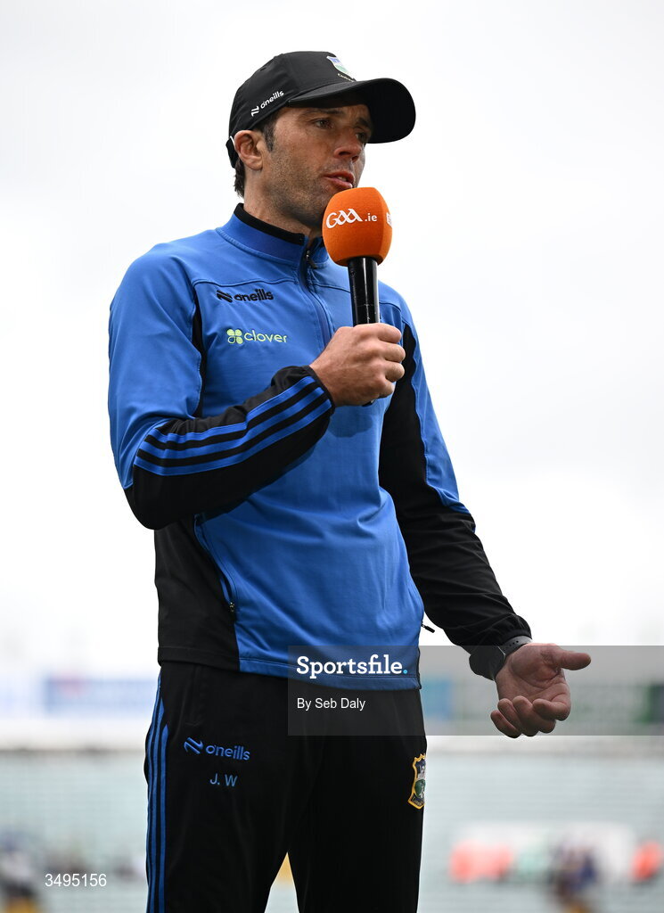 27 June 2026; Tipperary manager James Woodlock is interviewed before the Electric Ireland All-Ireland Minor Hurling Championship final match between Limerick and Tipperary at TUS Gaelic Grounds in Limerick. Photo by Seb Daly/Sportsfile