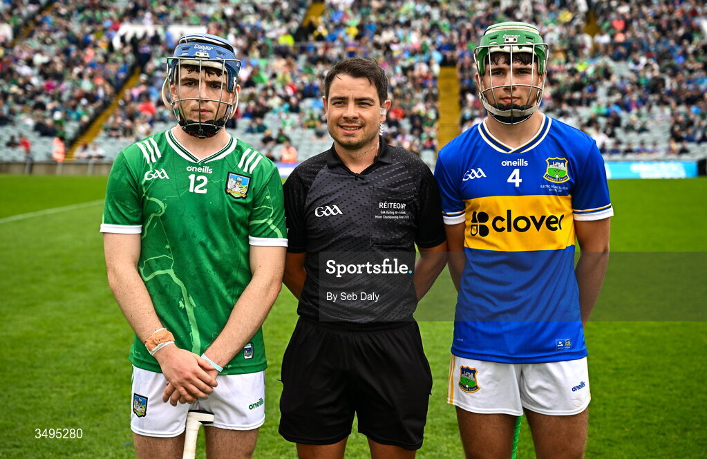 27 June 2026; Referee Caymon Flynn with Limerick captain Shane Waters and Tipperary captain Conor Collins before the Electric Ireland All-Ireland Minor Hurling Championship final match between Limerick and Tipperary at TUS Gaelic Grounds in Limerick. Photo by Seb Daly/Sportsfile