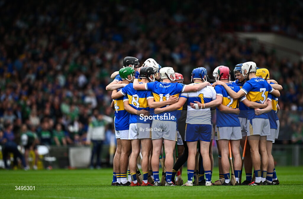 27 June 2026; Tipperary players before the Electric Ireland All-Ireland Minor Hurling Championship final match between Limerick and Tipperary at TUS Gaelic Grounds in Limerick. Photo by Seb Daly/Sportsfile
