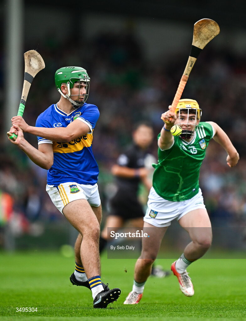 27 June 2026; Conor Collins of Tipperary in action against Rian Horgan of Limerick during the Electric Ireland All-Ireland Minor Hurling Championship final match between Limerick and Tipperary at TUS Gaelic Grounds in Limerick. Photo by Seb Daly/Sportsfile