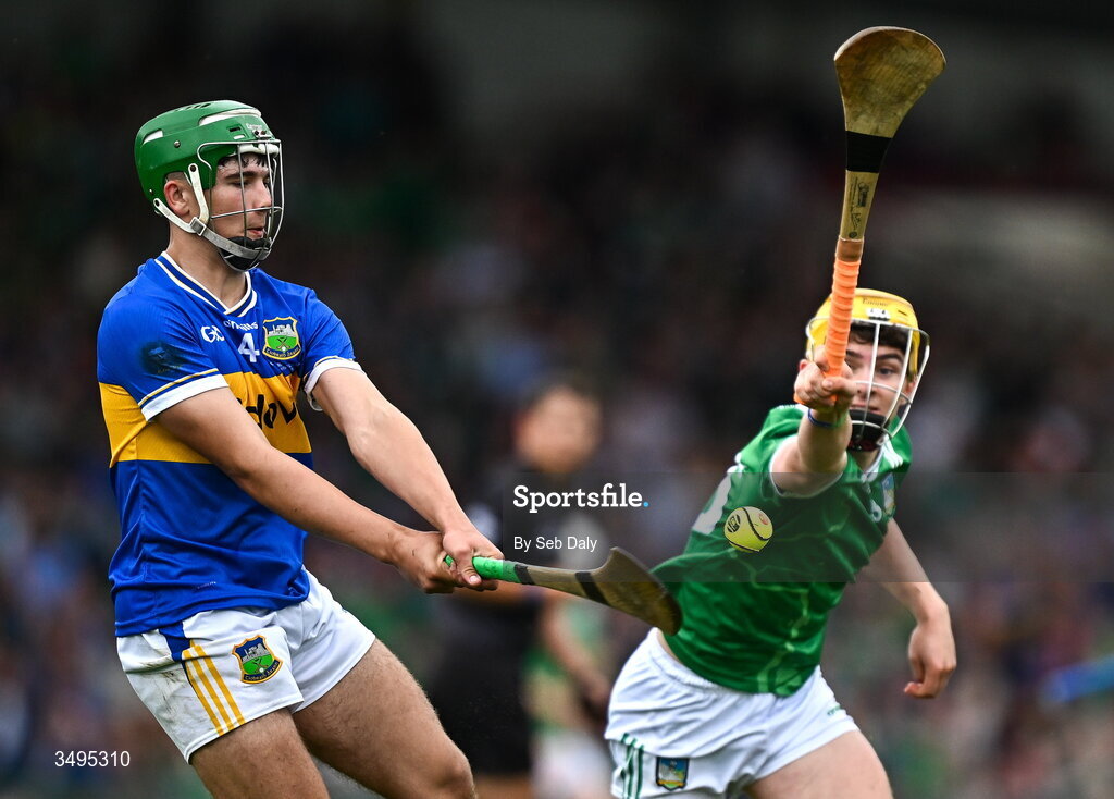 27 June 2026; Conor Collins of Tipperary in action against Rian Horgan of Limerick during the Electric Ireland All-Ireland Minor Hurling Championship final match between Limerick and Tipperary at TUS Gaelic Grounds in Limerick. Photo by Seb Daly/Sportsfile