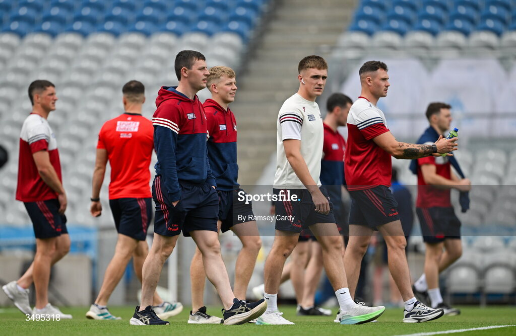27 June 2026; Cork players before the GAA Football All-Ireland Senior Championship quarter-final match between Cork and Mayo at Croke Park in Dublin. Photo by Ramsey Cardy/Sportsfile