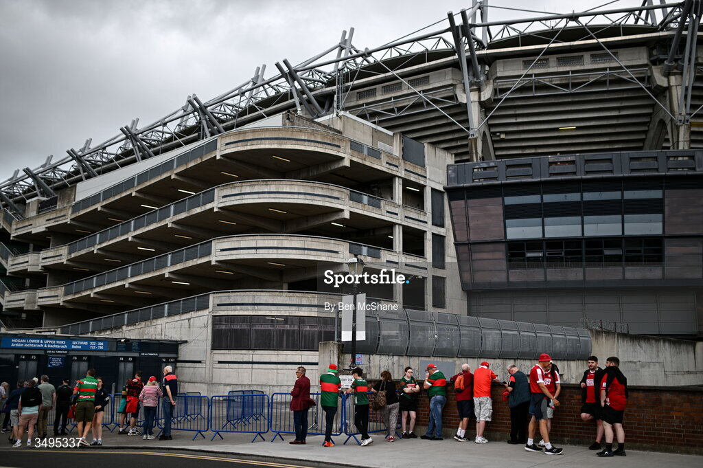 27 June 2026; Supporters await for the gates to open before the GAA Football All-Ireland Senior Championship quarter-final match between Cork and Mayo at Croke Park in Dublin. Photo by Ben McShane/Sportsfile