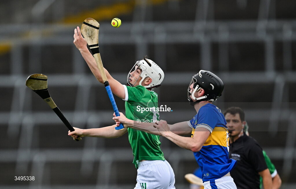 27 June 2026; Eamon O'Sullivan of Limerick in action against James Finn of Tipperary during the Electric Ireland All-Ireland Minor Hurling Championship final match between Limerick and Tipperary at TUS Gaelic Grounds in Limerick. Photo by Seb Daly/Sportsfile