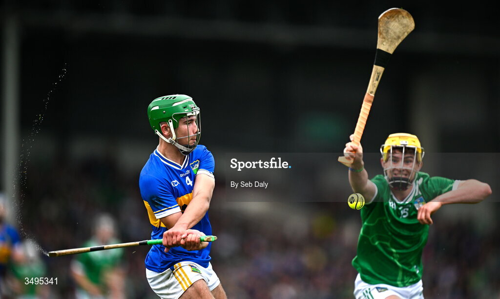 27 June 2026; Conor Collins of Tipperary in action against Rian Horgan of Limerick during the Electric Ireland All-Ireland Minor Hurling Championship final match between Limerick and Tipperary at TUS Gaelic Grounds in Limerick. Photo by Seb Daly/Sportsfile