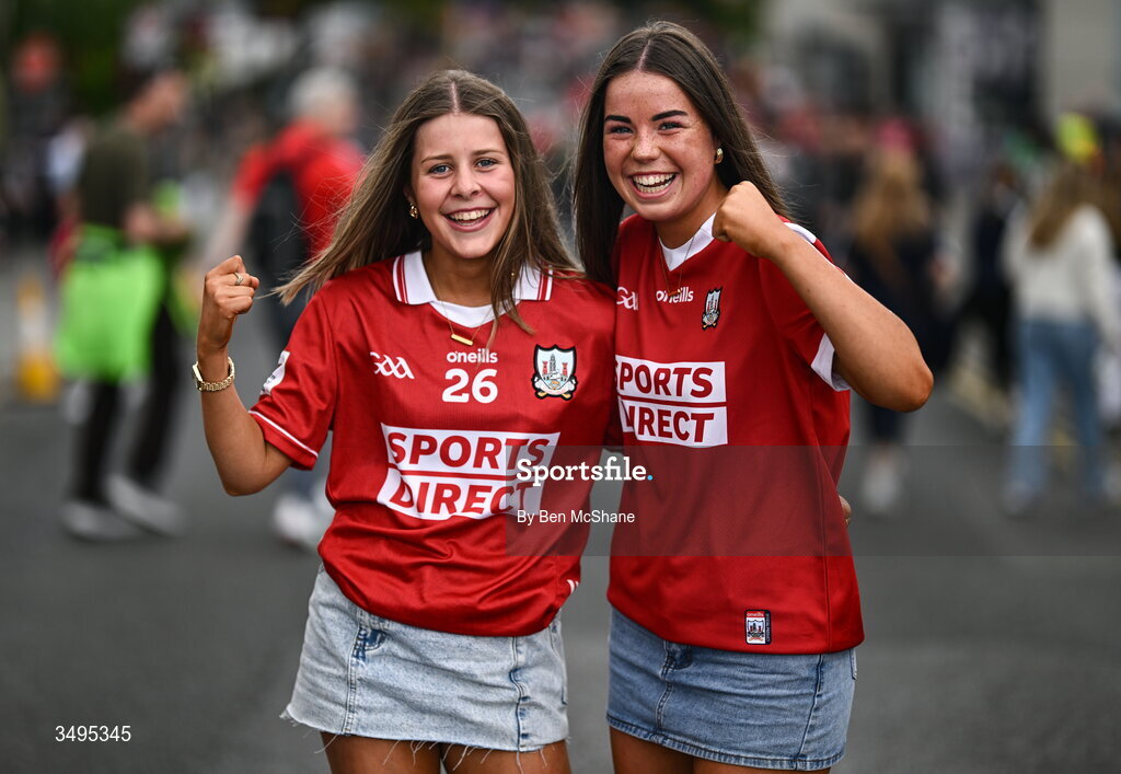 27 June 2026; Cork supporters Ellie Browne, left, and Sarah McCormack, from Mallow, Cork, before the GAA Football All-Ireland Senior Championship quarter-final match between Cork and Mayo at Croke Park in Dublin. Photo by Ben McShane/Sportsfile