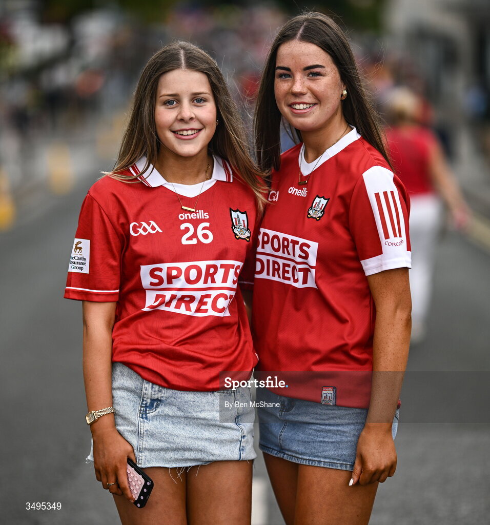 27 June 2026; Cork supporters Ellie Browne, left, and Sarah McCormack, from Mallow, Cork, before the GAA Football All-Ireland Senior Championship quarter-final match between Cork and Mayo at Croke Park in Dublin. Photo by Ben McShane/Sportsfile